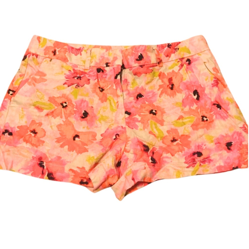 ANN TAYLOR LOFT Petites Linen Blend Floral 3.5”L Short in Bright Pink Multi — 6P